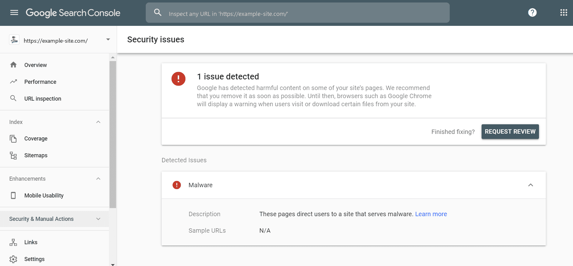 Google Search Console Security Issues report showing a detected malware issue and a Request Review button